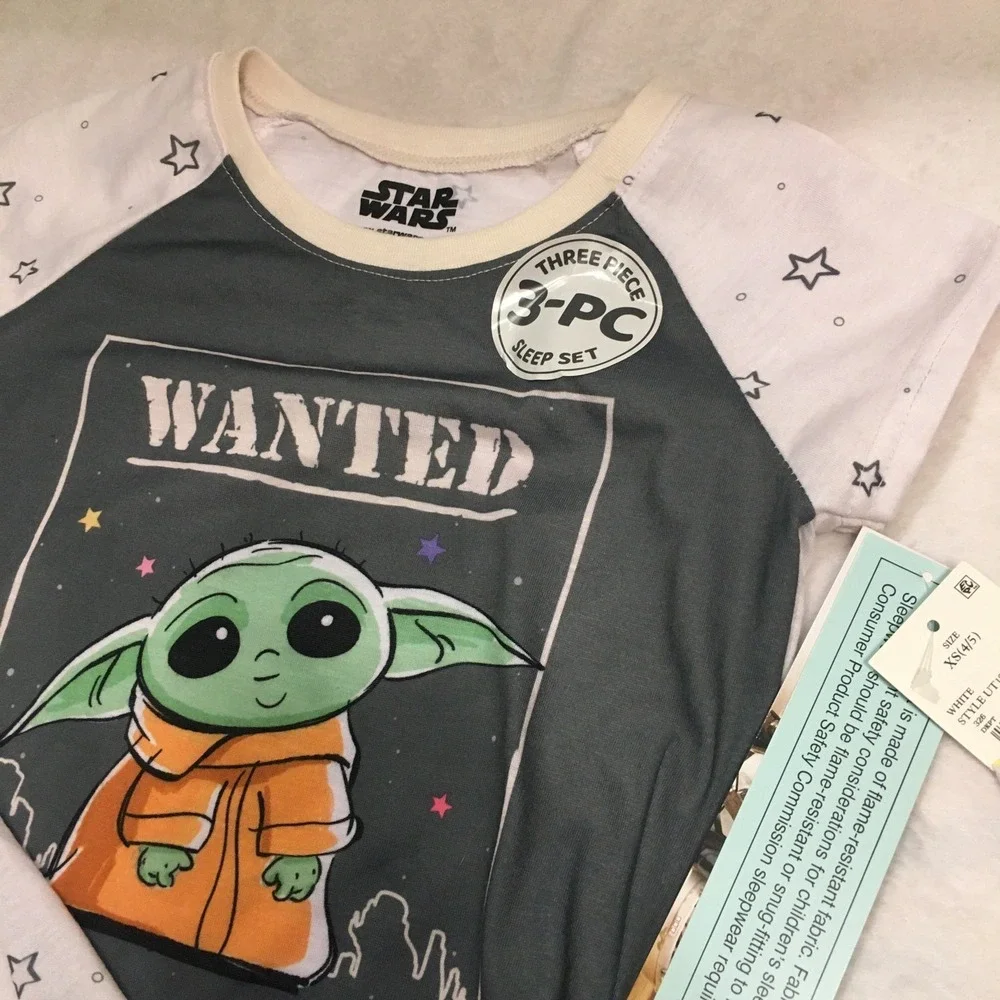 Star Wars Pajama Set Kids XS 4/5 White NWT Grogu Baby Yoda 3-Piece Sleepwear